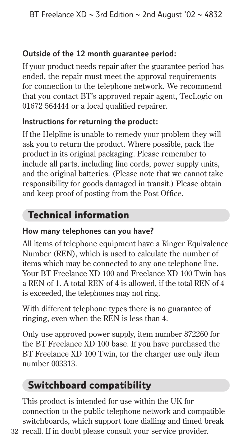 Technical information, Switchboard compatibility | BT Studio Twin User Manual | Page 33 / 37