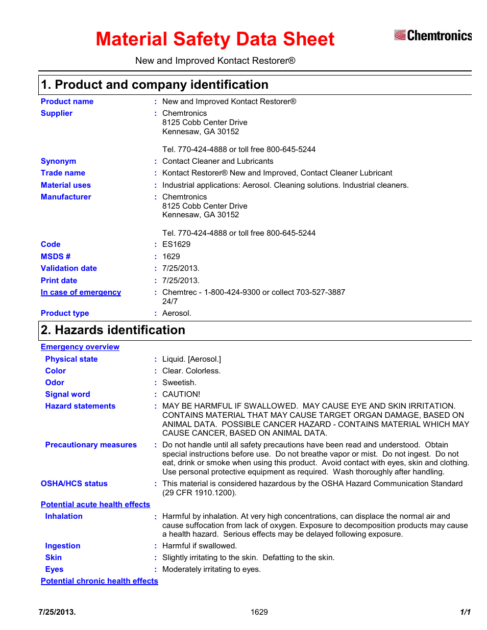 Chemtronics Kontact Restorer ES1629 User Manual | 11 pages