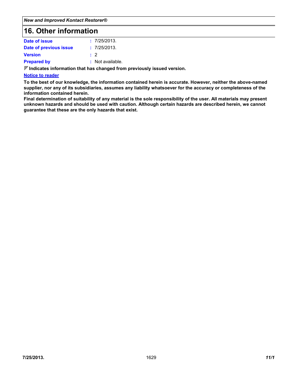 Other information | Chemtronics Kontact Restorer ES1629 User Manual | Page 11 / 11