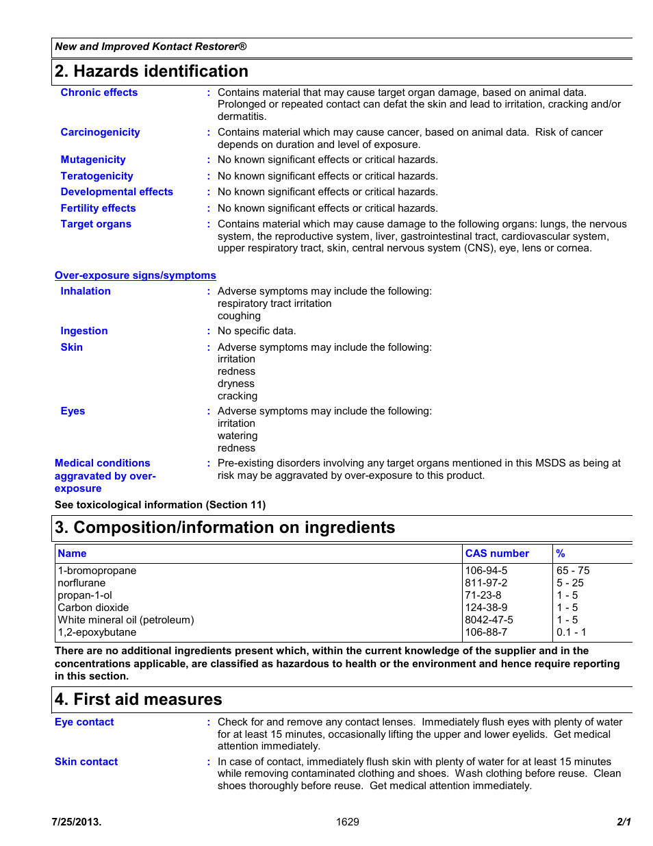 Hazards identification, Composition/information on ingredients, First aid measures | Chemtronics Kontact Restorer ES1629 User Manual | Page 2 / 11