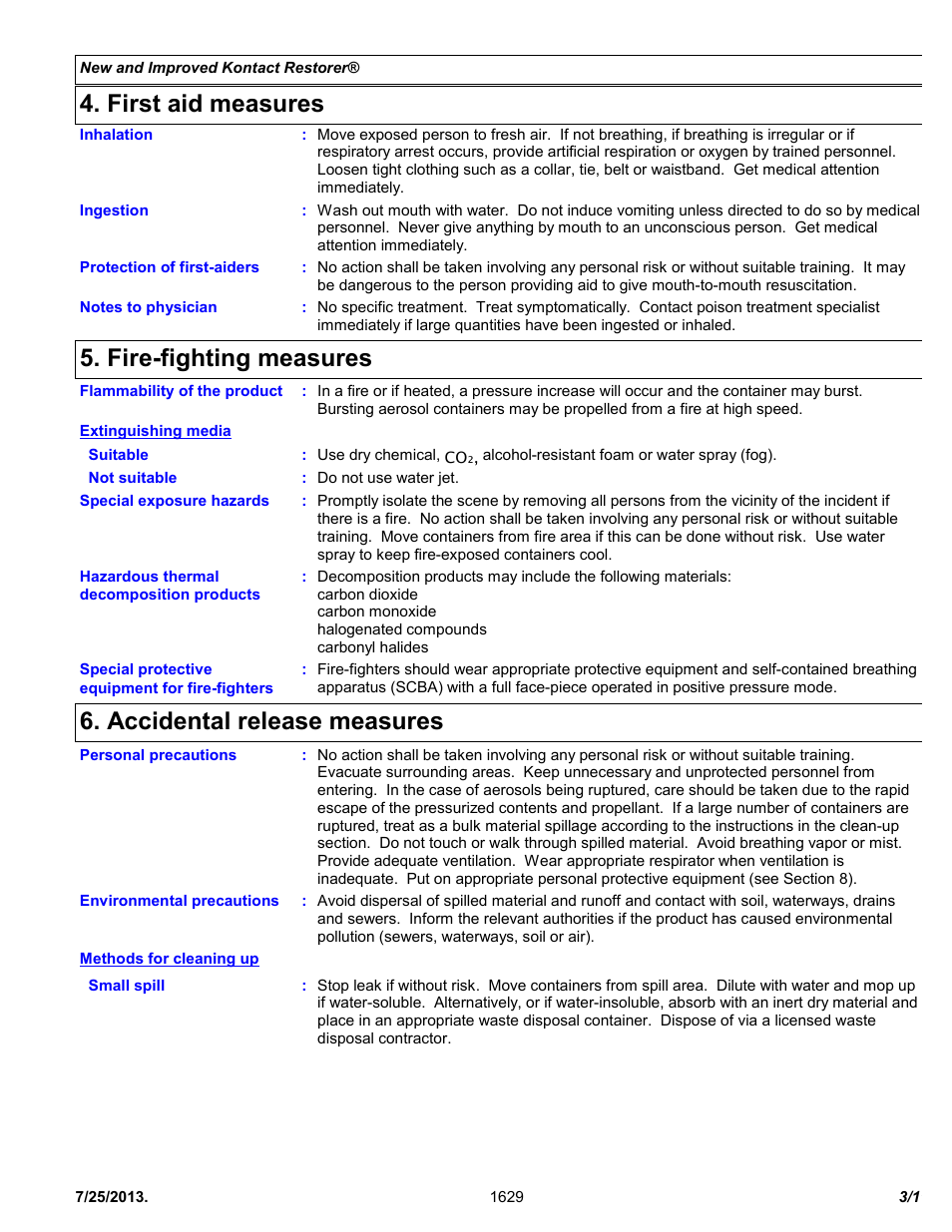 First aid measures, Fire-fighting measures, Accidental release measures | Chemtronics Kontact Restorer ES1629 User Manual | Page 3 / 11