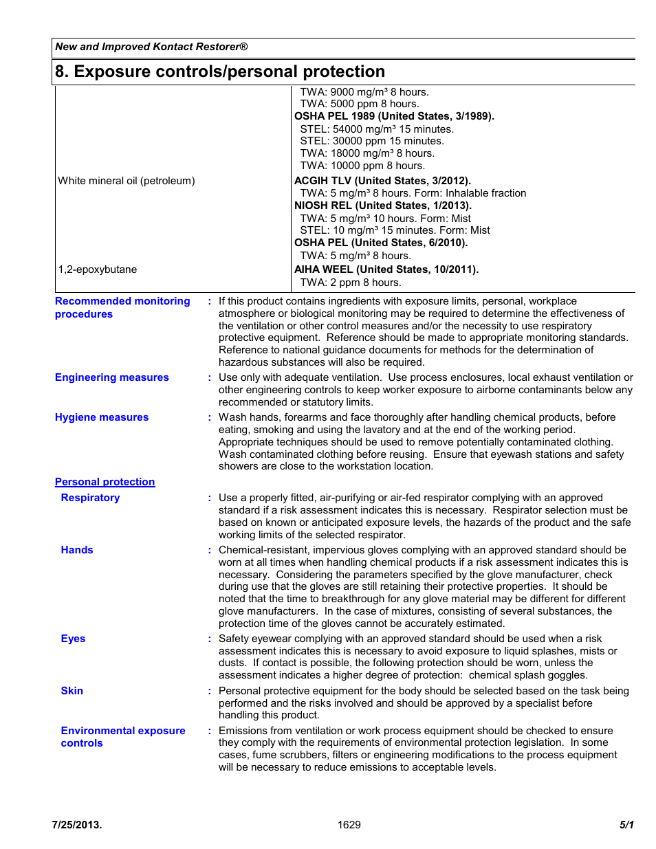 Exposure controls/personal protection | Chemtronics Kontact Restorer ES1629 User Manual | Page 5 / 11