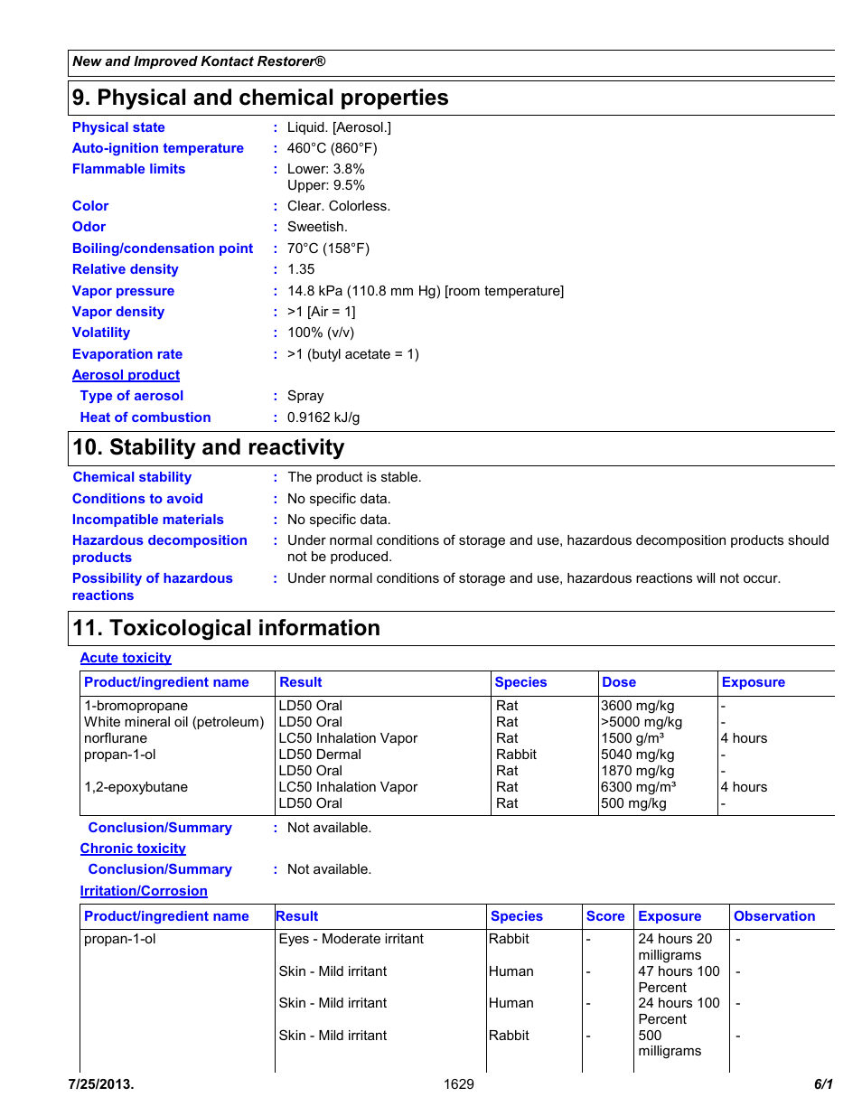 Physical and chemical properties, Stability and reactivity, Toxicological information | Chemtronics Kontact Restorer ES1629 User Manual | Page 6 / 11