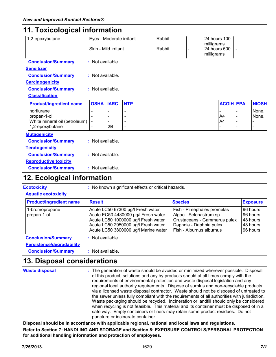 Toxicological information, Ecological information, Disposal considerations | Chemtronics Kontact Restorer ES1629 User Manual | Page 7 / 11