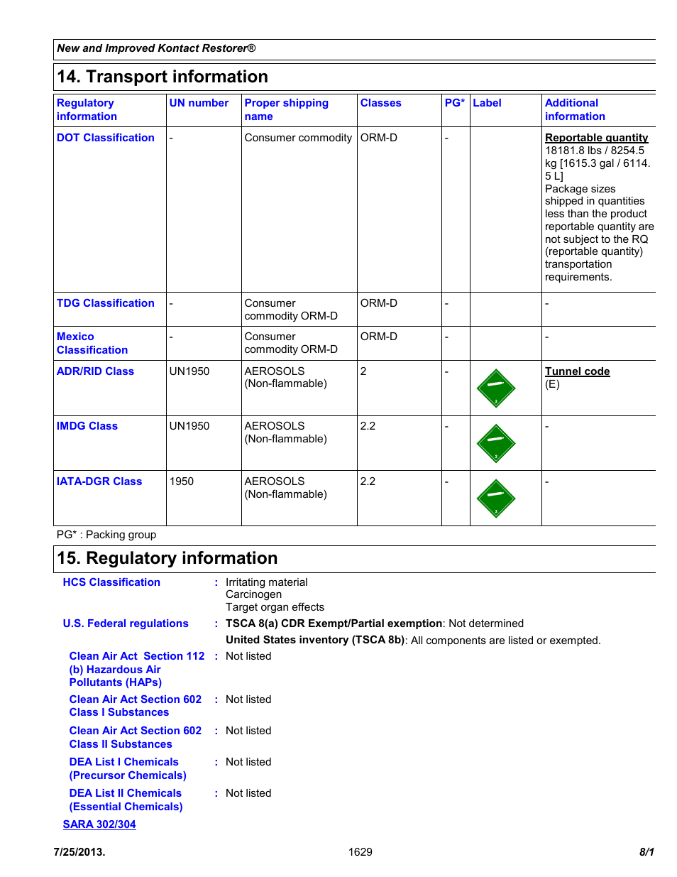 Transport information, Regulatory information | Chemtronics Kontact Restorer ES1629 User Manual | Page 8 / 11