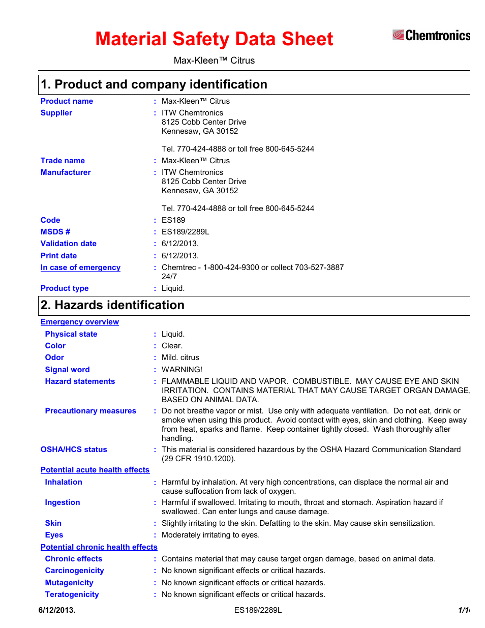 Chemtronics Max-Kleen Citrus ES5589 User Manual | 10 pages