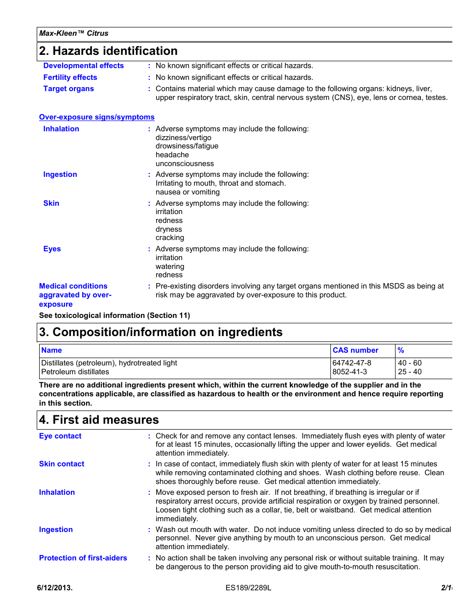 Hazards identification, Composition/information on ingredients, First aid measures | Chemtronics Max-Kleen Citrus ES5589 User Manual | Page 2 / 10