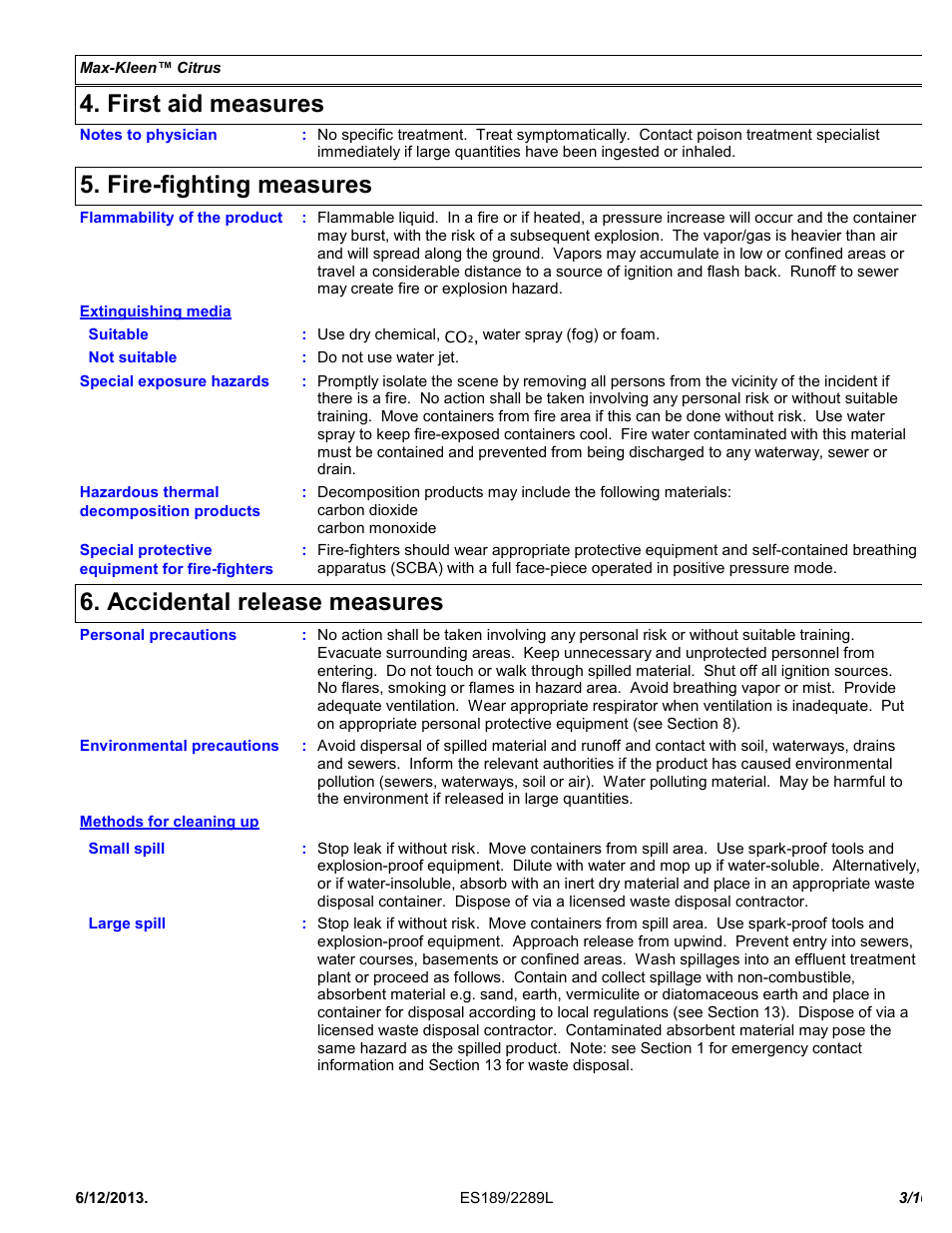 First aid measures, Fire-fighting measures, Accidental release measures | Chemtronics Max-Kleen Citrus ES5589 User Manual | Page 3 / 10