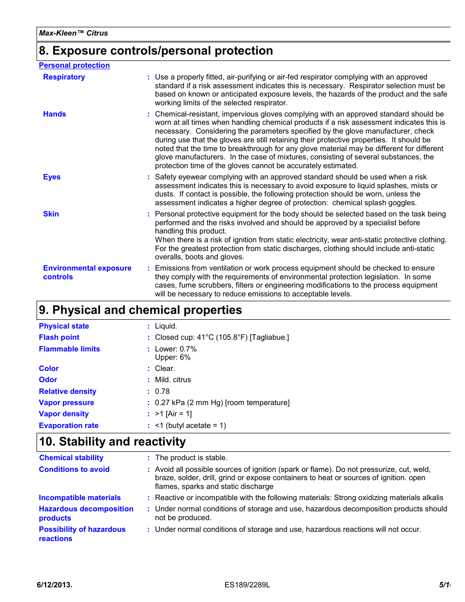 Exposure controls/personal protection, Physical and chemical properties, Stability and reactivity | Chemtronics Max-Kleen Citrus ES5589 User Manual | Page 5 / 10