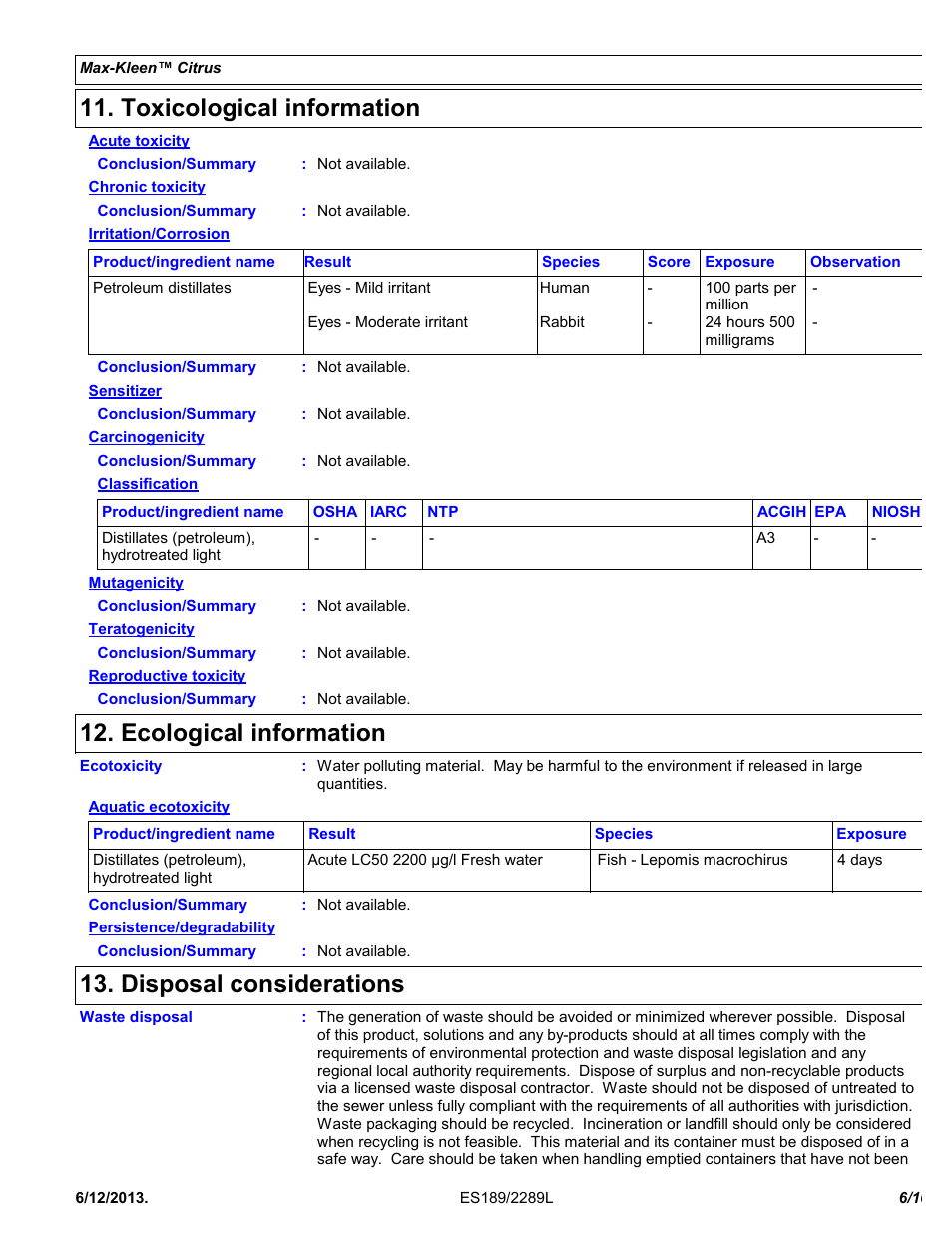 Toxicological information, Ecological information, Disposal considerations | Chemtronics Max-Kleen Citrus ES5589 User Manual | Page 6 / 10