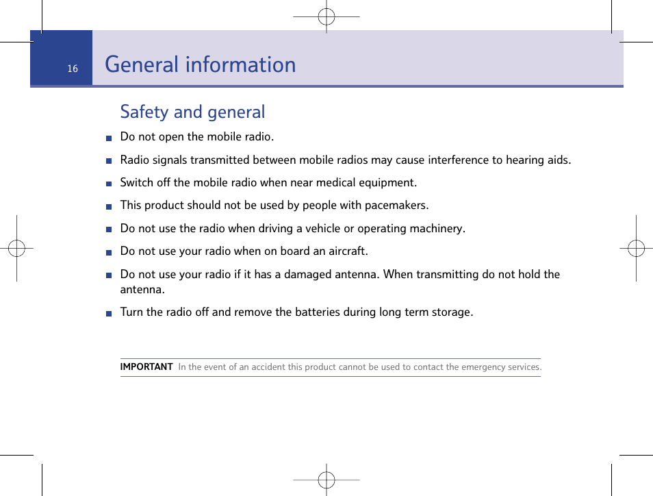 General information, Safety and general | BT Mobile Radio User Manual | Page 16 / 22