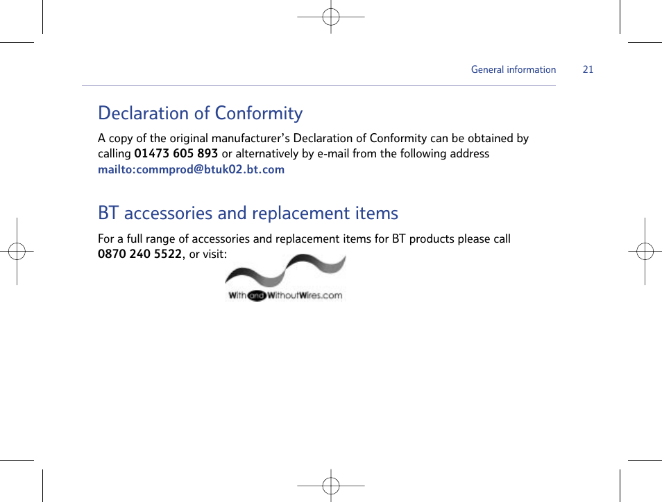 Declaration of conformity, Bt accessories and replacement items | BT Mobile Radio User Manual | Page 21 / 22