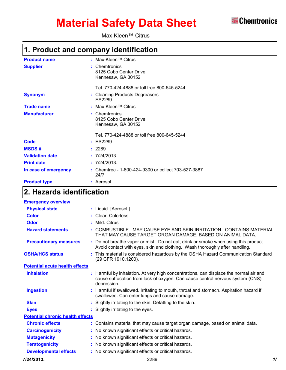 Chemtronics Max-Kleen Citrus ES2289 User Manual | 9 pages