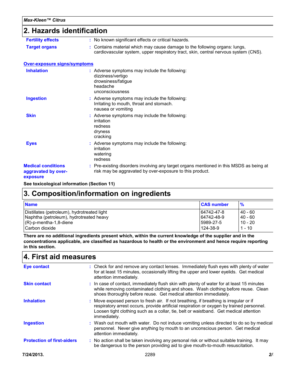 Hazards identification, Composition/information on ingredients, First aid measures | Chemtronics Max-Kleen Citrus ES2289 User Manual | Page 2 / 9