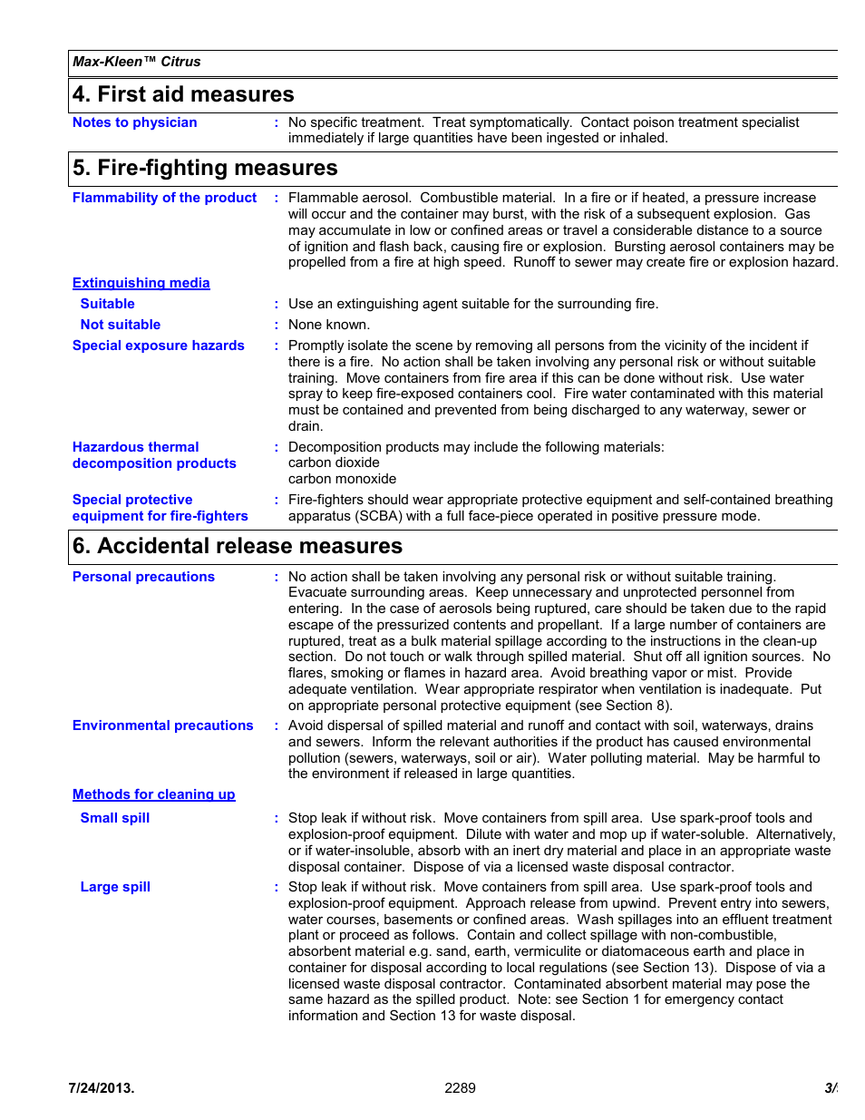 First aid measures, Fire-fighting measures, Accidental release measures | Chemtronics Max-Kleen Citrus ES2289 User Manual | Page 3 / 9