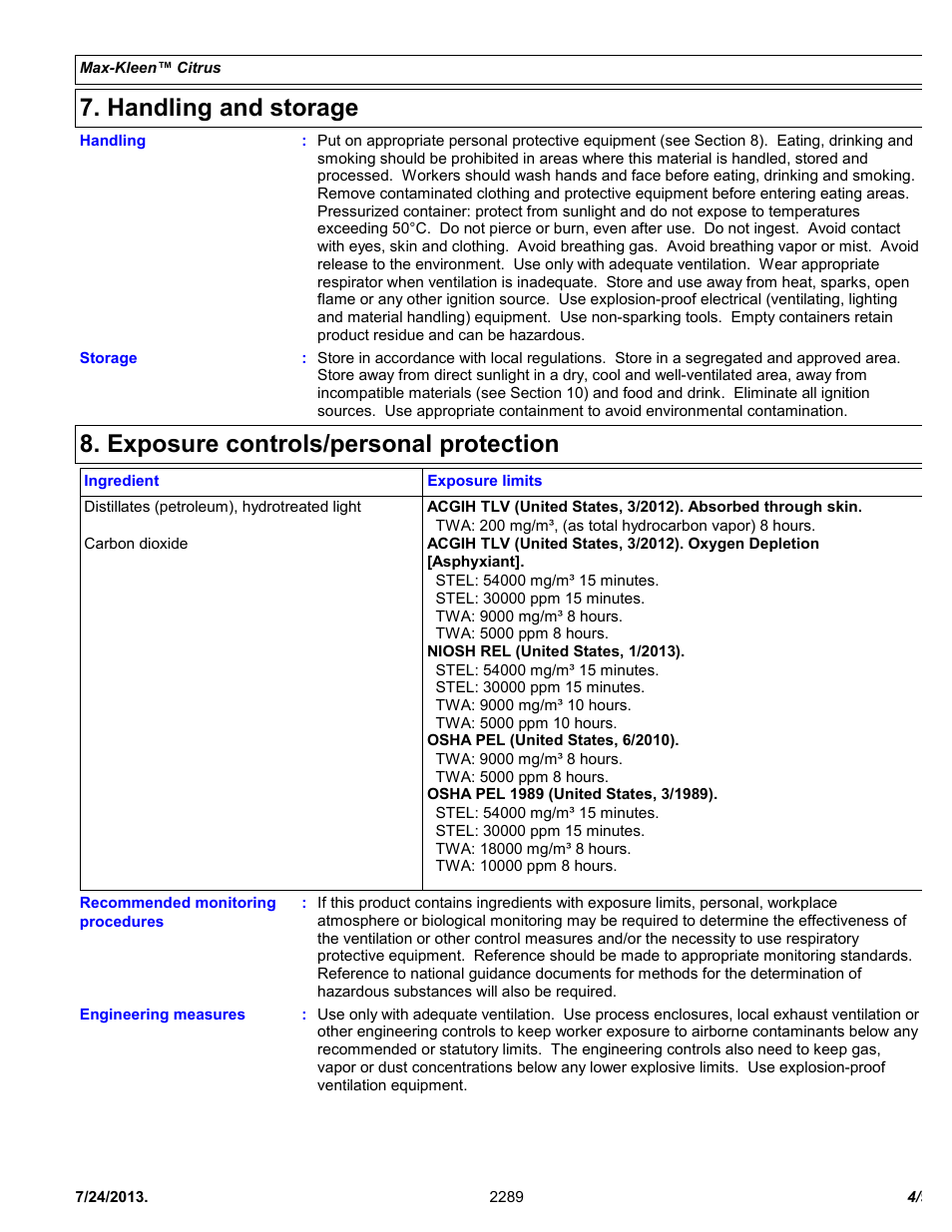 Handling and storage, Exposure controls/personal protection | Chemtronics Max-Kleen Citrus ES2289 User Manual | Page 4 / 9