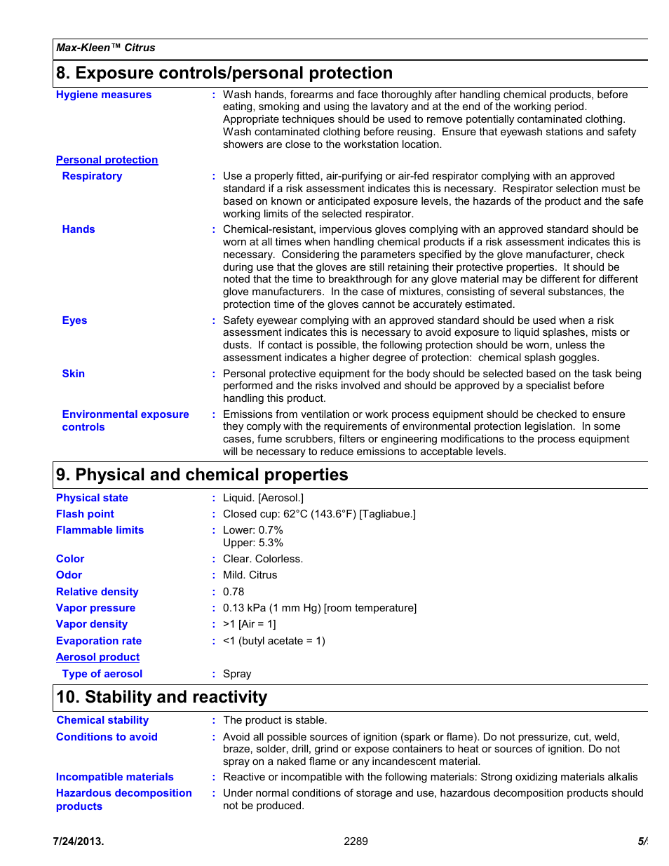 Exposure controls/personal protection, Physical and chemical properties, Stability and reactivity | Chemtronics Max-Kleen Citrus ES2289 User Manual | Page 5 / 9