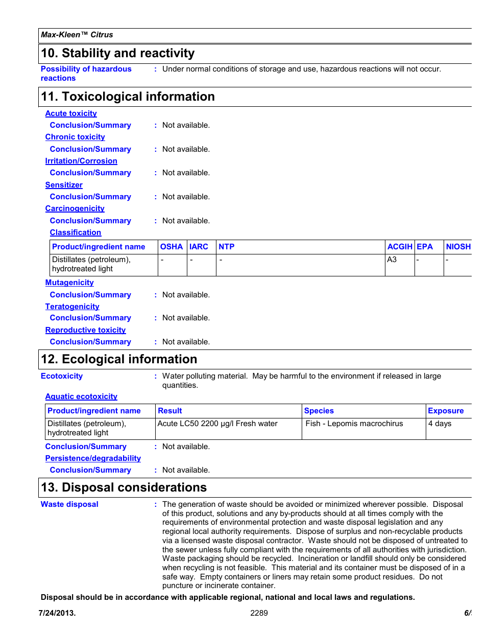 Stability and reactivity, Toxicological information, Ecological information | Disposal considerations | Chemtronics Max-Kleen Citrus ES2289 User Manual | Page 6 / 9