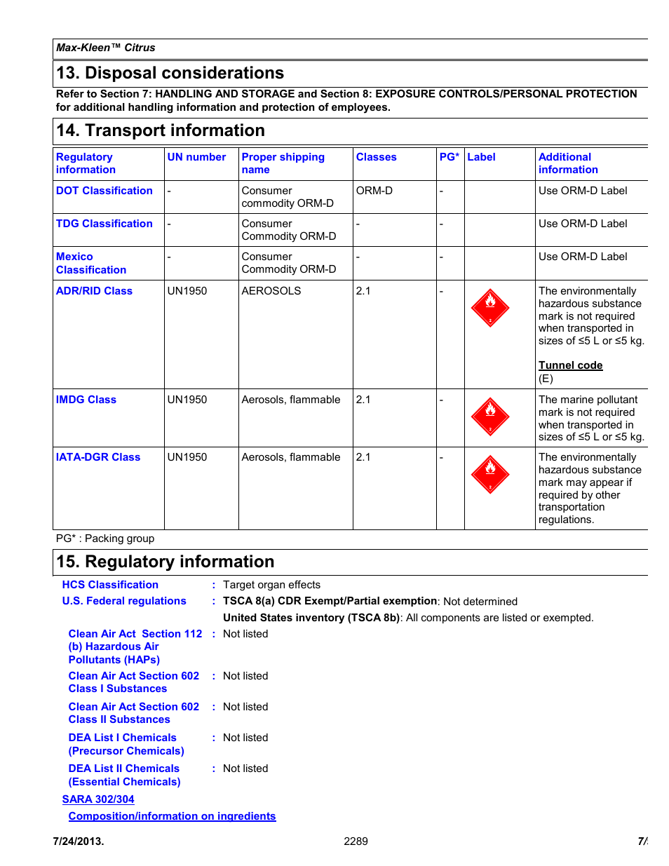 Disposal considerations, Transport information, Regulatory information | Chemtronics Max-Kleen Citrus ES2289 User Manual | Page 7 / 9