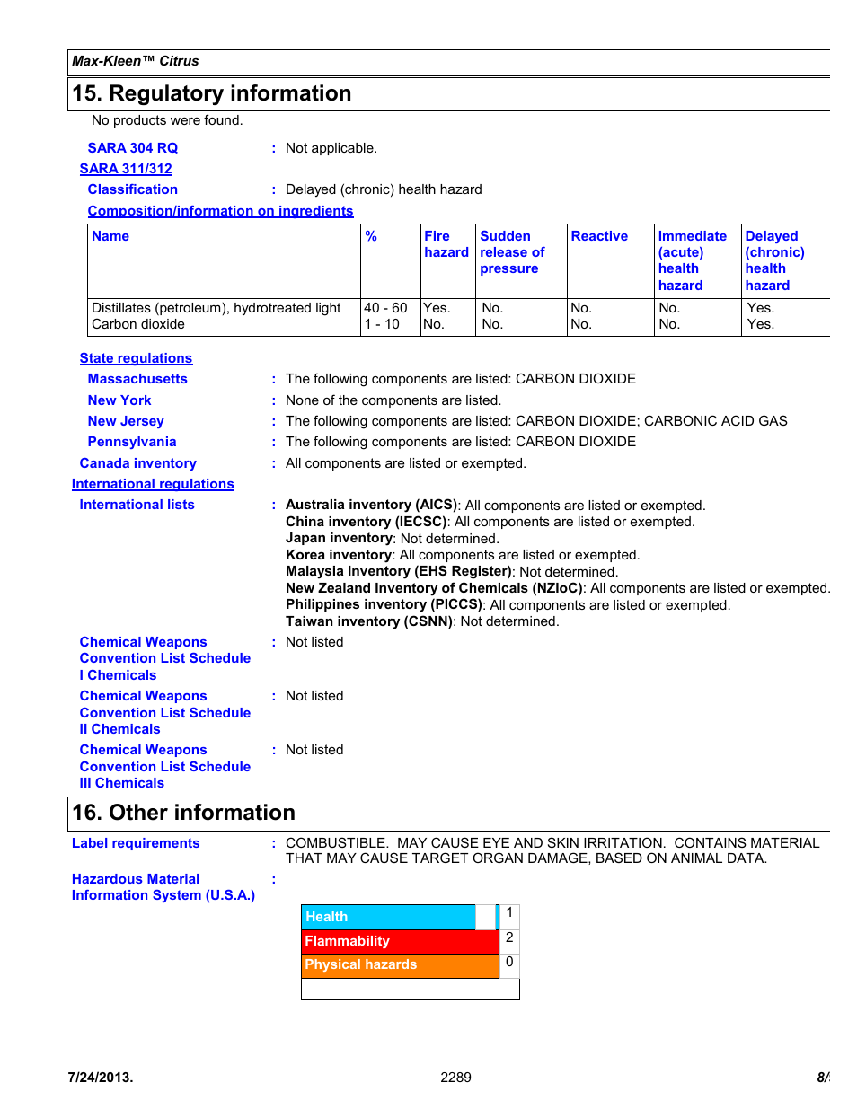 Regulatory information, Other information | Chemtronics Max-Kleen Citrus ES2289 User Manual | Page 8 / 9