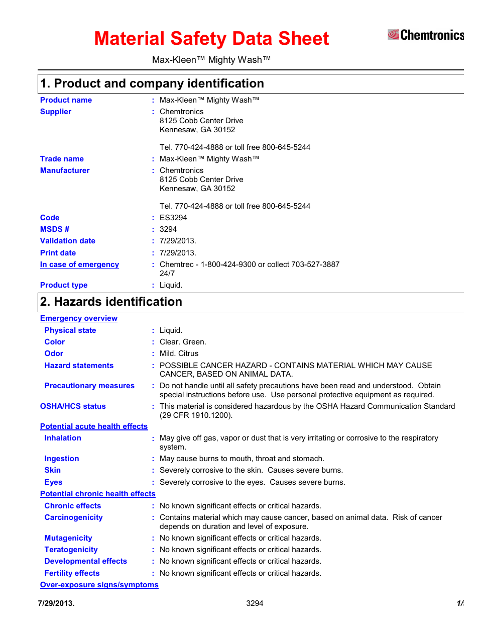Chemtronics Max-Kleen Mighty Wash ES3294 User Manual | 9 pages