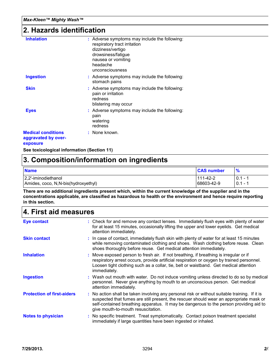 Hazards identification, Composition/information on ingredients, First aid measures | Chemtronics Max-Kleen Mighty Wash ES3294 User Manual | Page 2 / 9