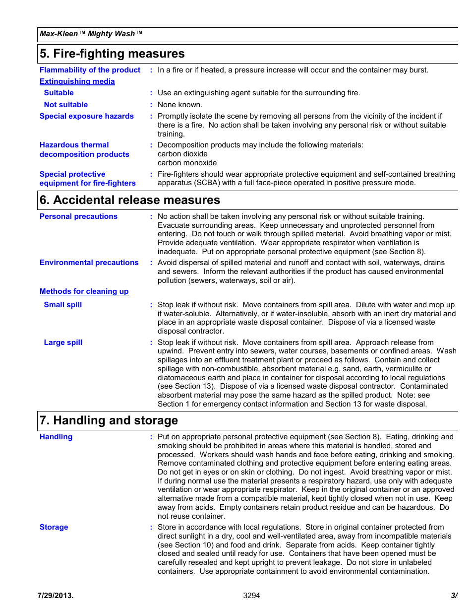 Fire-fighting measures, Accidental release measures, Handling and storage | Chemtronics Max-Kleen Mighty Wash ES3294 User Manual | Page 3 / 9
