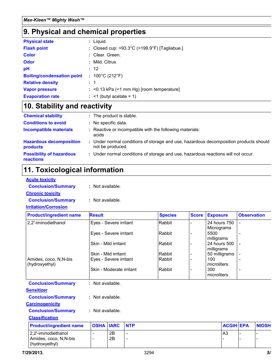Physical and chemical properties, Stability and reactivity, Toxicological information | Chemtronics Max-Kleen Mighty Wash ES3294 User Manual | Page 5 / 9