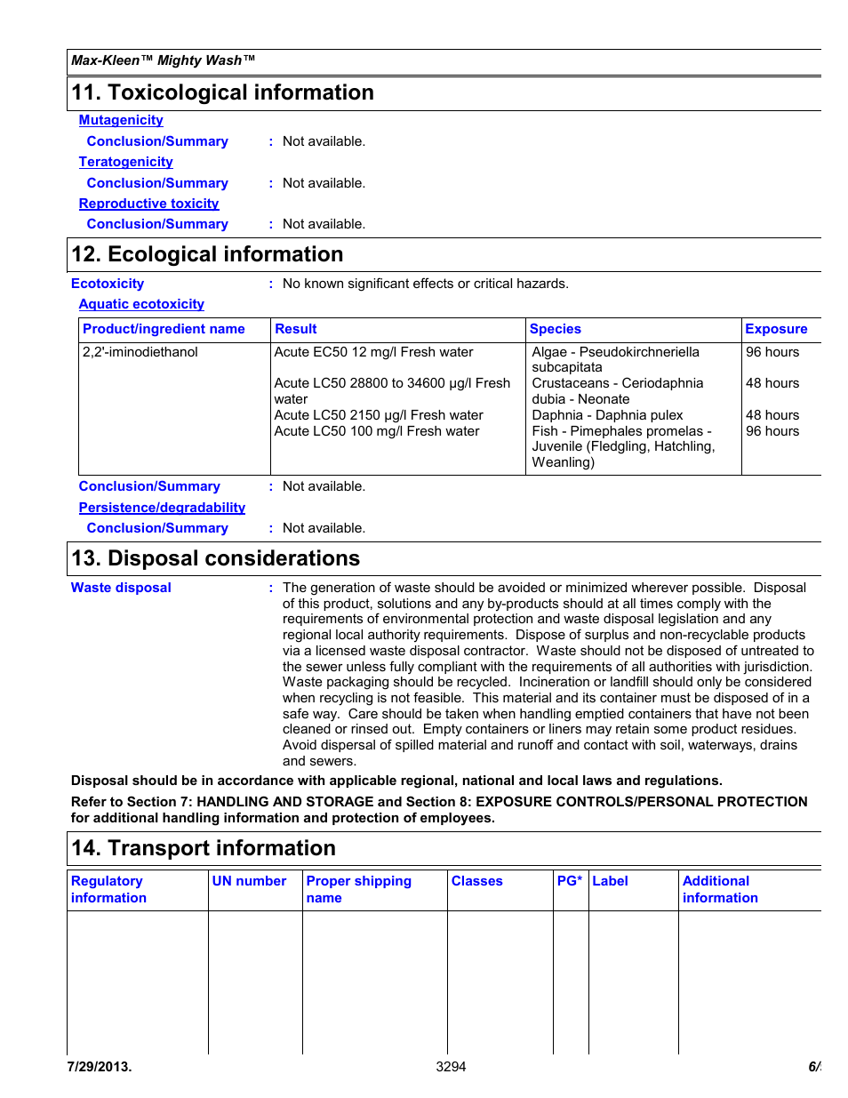 Toxicological information, Ecological information, Disposal considerations | Transport information | Chemtronics Max-Kleen Mighty Wash ES3294 User Manual | Page 6 / 9