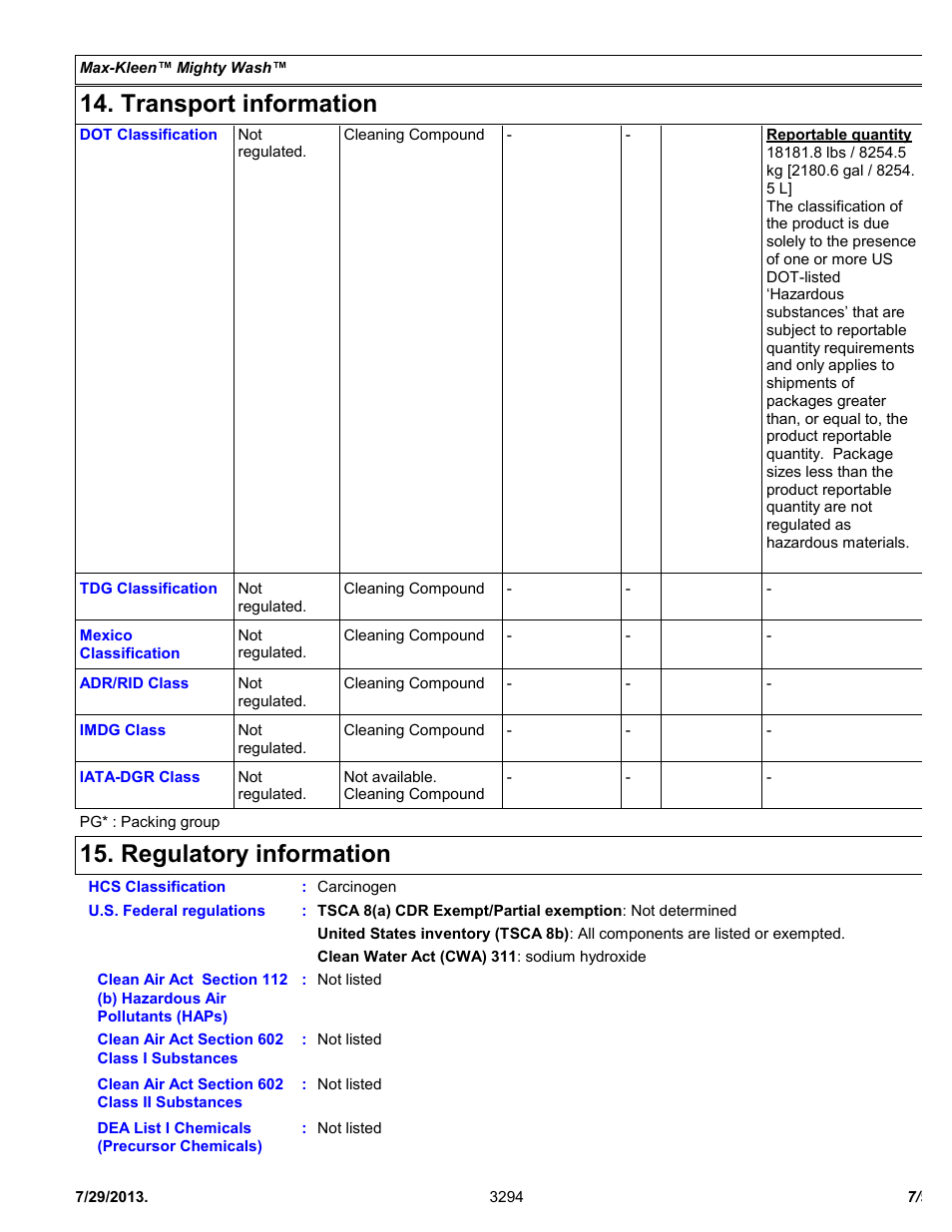 Transport information, Regulatory information | Chemtronics Max-Kleen Mighty Wash ES3294 User Manual | Page 7 / 9
