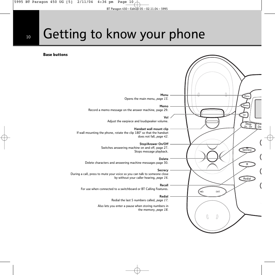 Getting to know your phone | BT PARAGON450 User Manual | Page 10 / 44