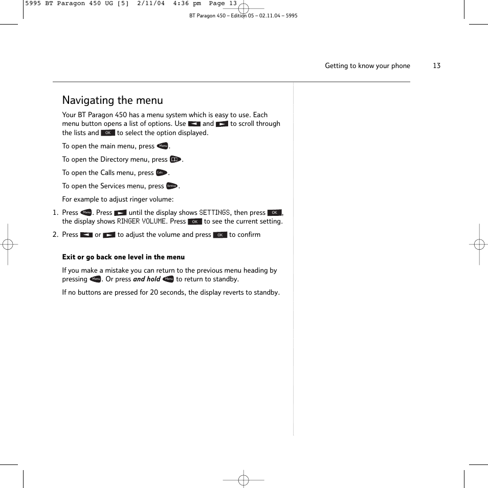 Navigating the menu | BT PARAGON450 User Manual | Page 13 / 44