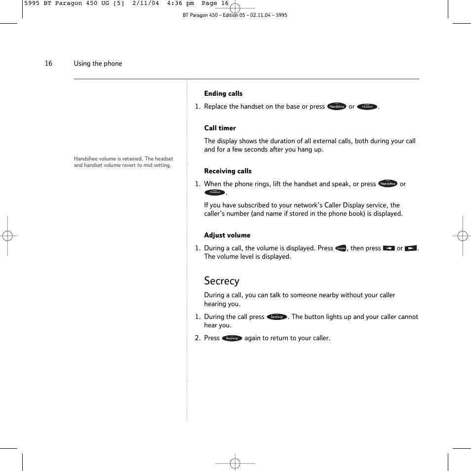 Secrecy | BT PARAGON450 User Manual | Page 16 / 44