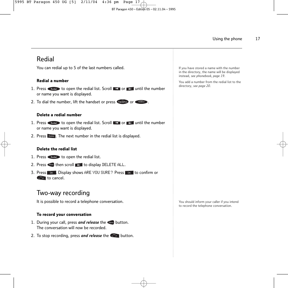 Redial, Two-way recording | BT PARAGON450 User Manual | Page 17 / 44