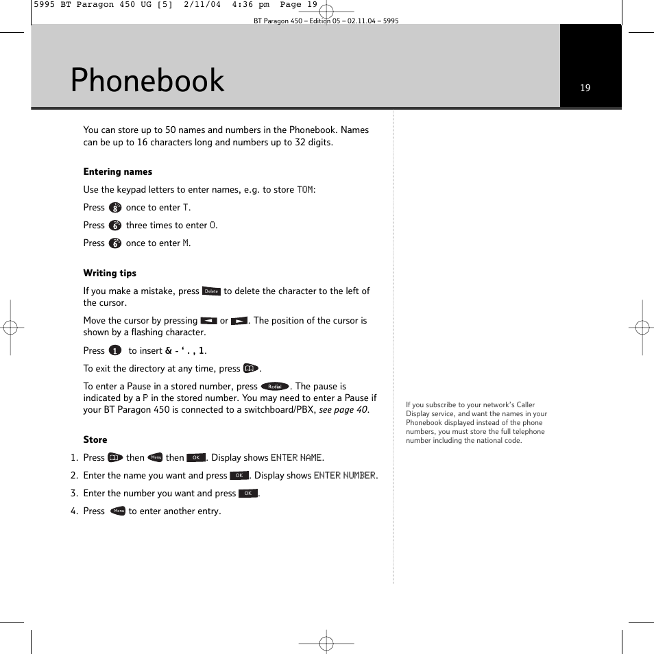 Phonebook | BT PARAGON450 User Manual | Page 19 / 44