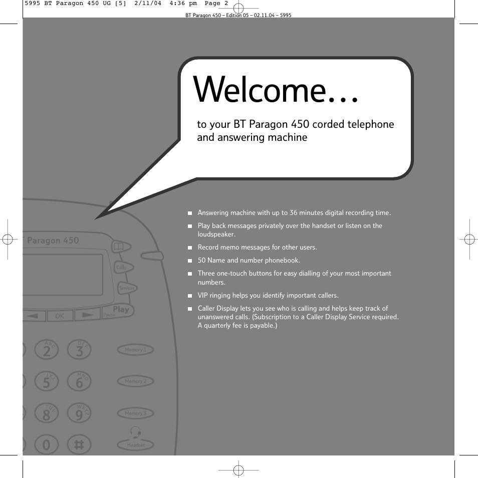 Welcome | BT PARAGON450 User Manual | Page 2 / 44