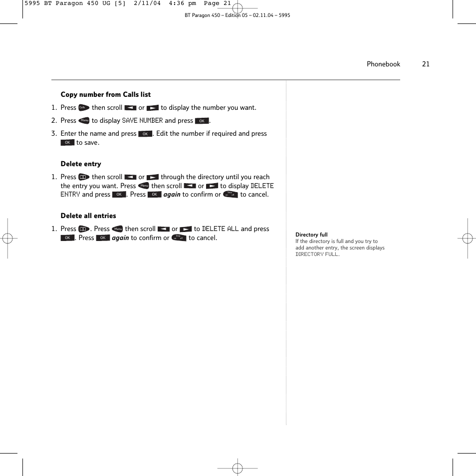 Save number, Delete entry, Delete all | BT PARAGON450 User Manual | Page 21 / 44