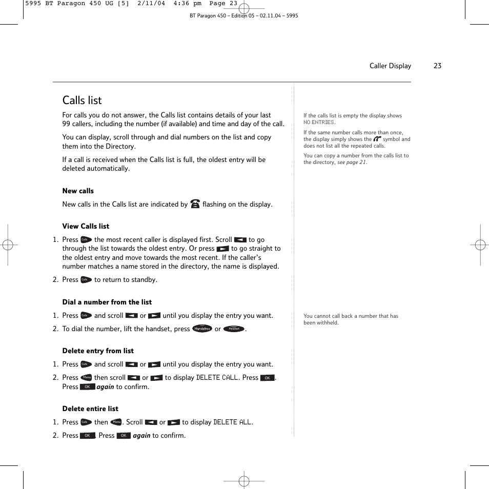 Calls list | BT PARAGON450 User Manual | Page 23 / 44