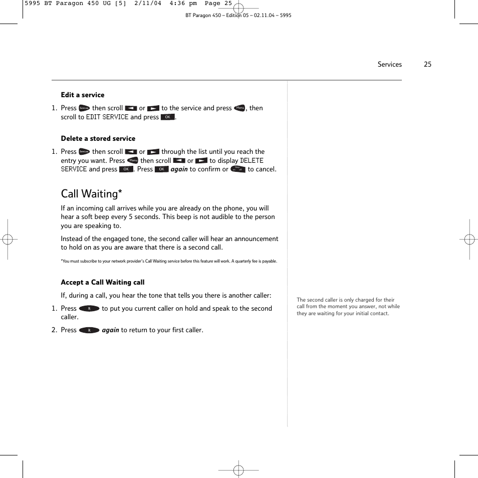 Call waiting | BT PARAGON450 User Manual | Page 25 / 44