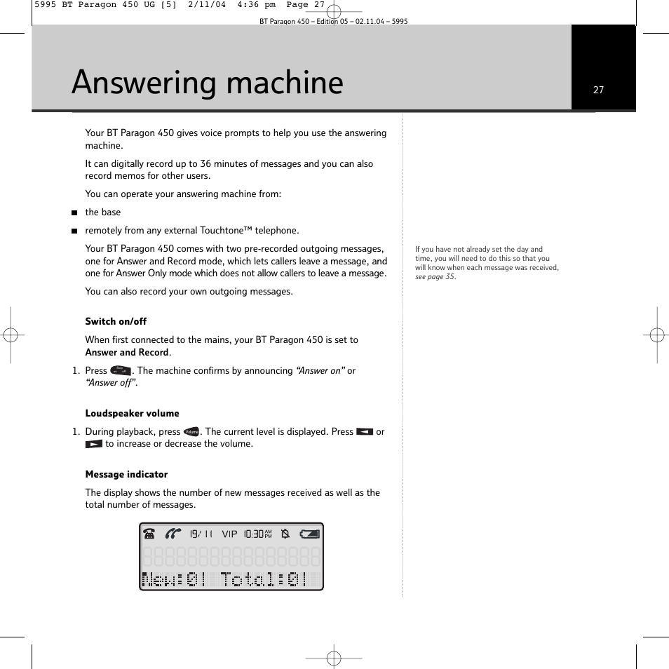 Answering machine | BT PARAGON450 User Manual | Page 27 / 44