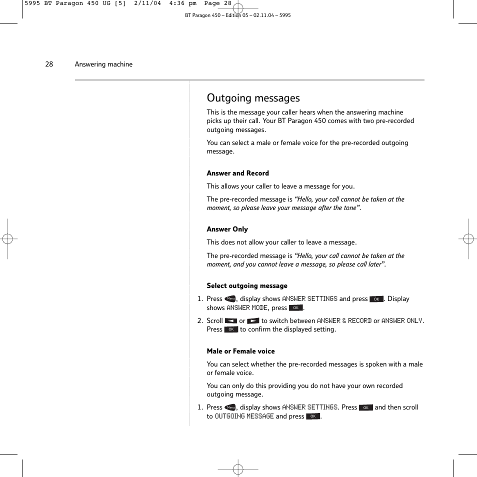 Outgoing messages | BT PARAGON450 User Manual | Page 28 / 44