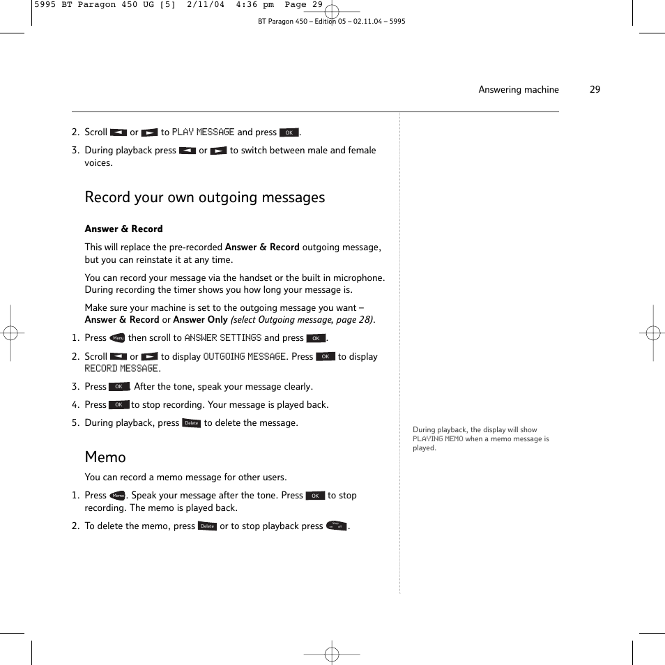 Record your own outgoing messages | BT PARAGON450 User Manual | Page 29 / 44