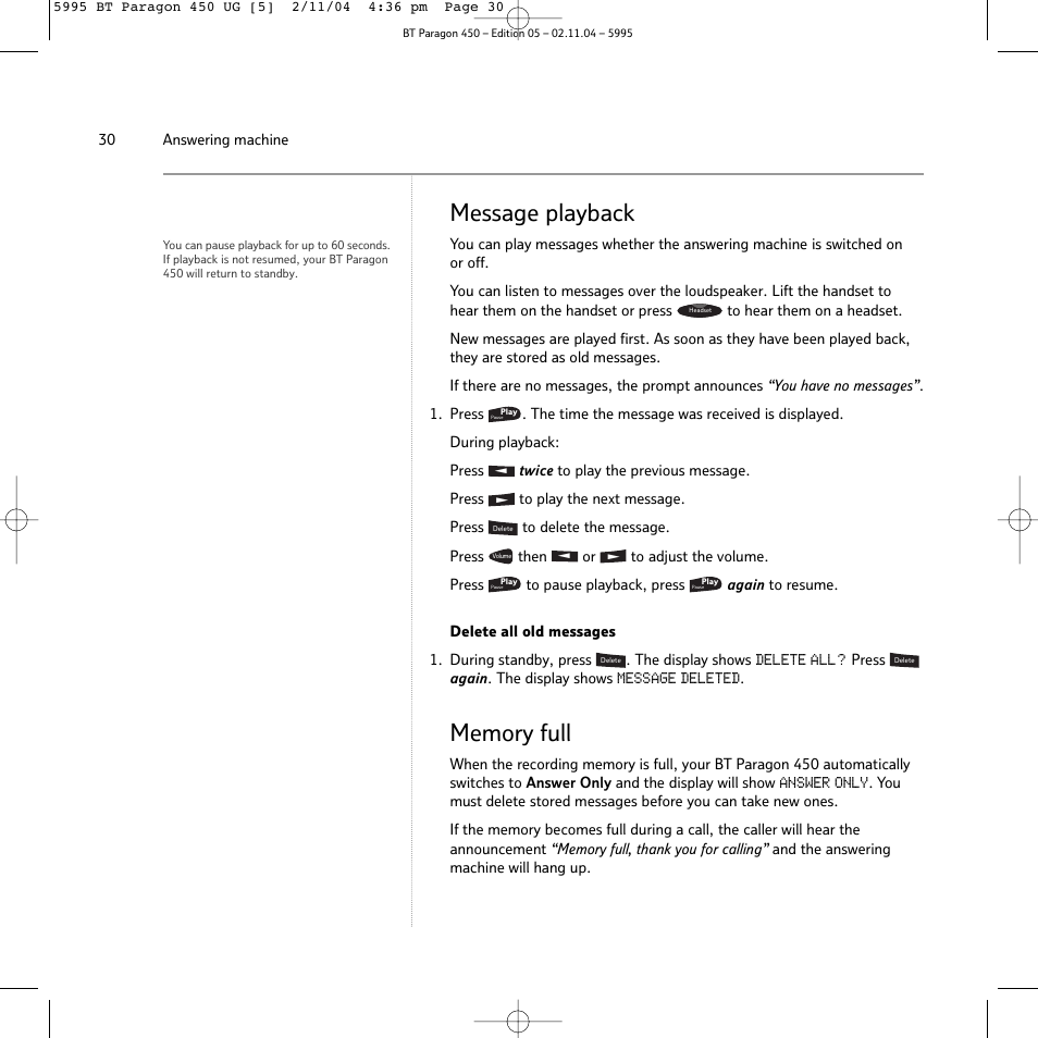 Message playback | BT PARAGON450 User Manual | Page 30 / 44