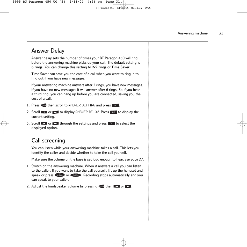 Answer delay, Call screening | BT PARAGON450 User Manual | Page 31 / 44