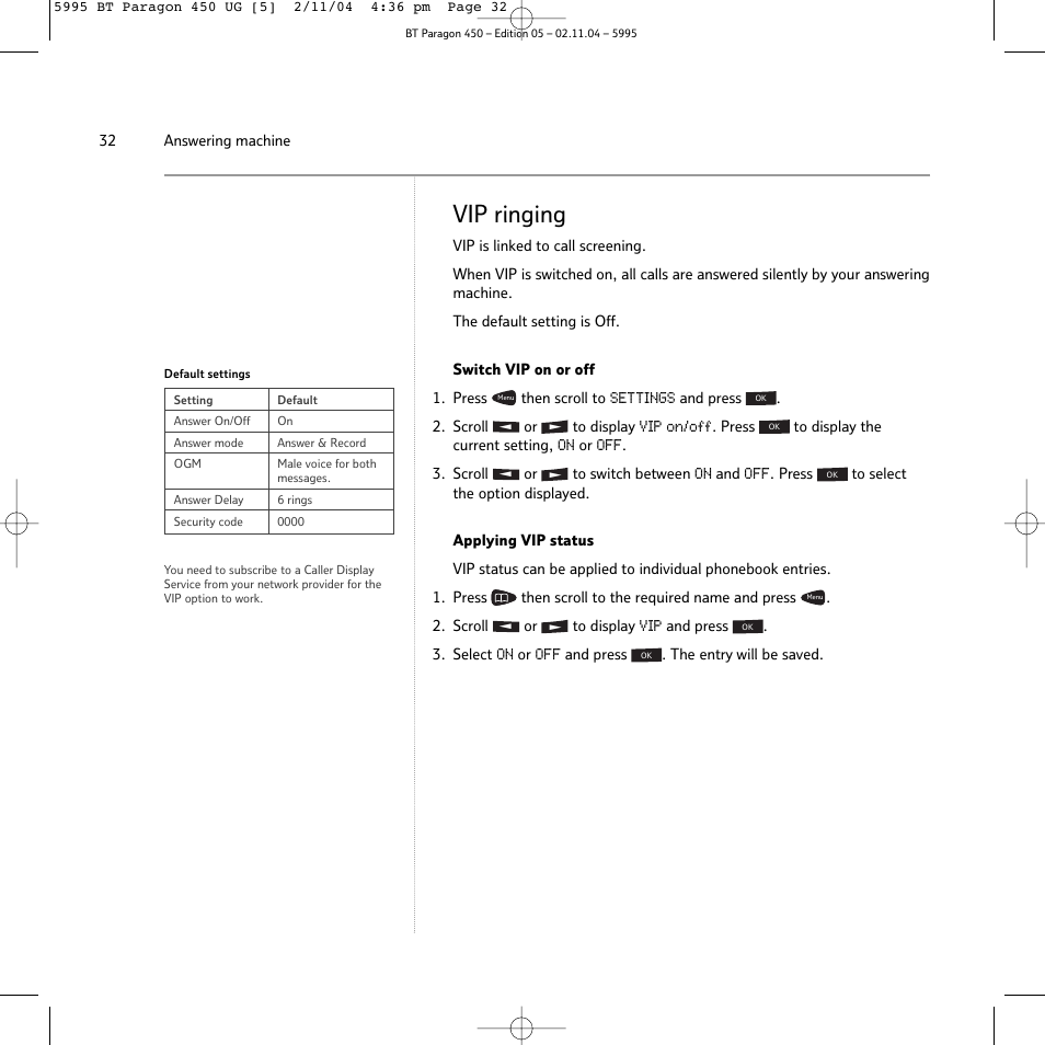 Vip ringing | BT PARAGON450 User Manual | Page 32 / 44