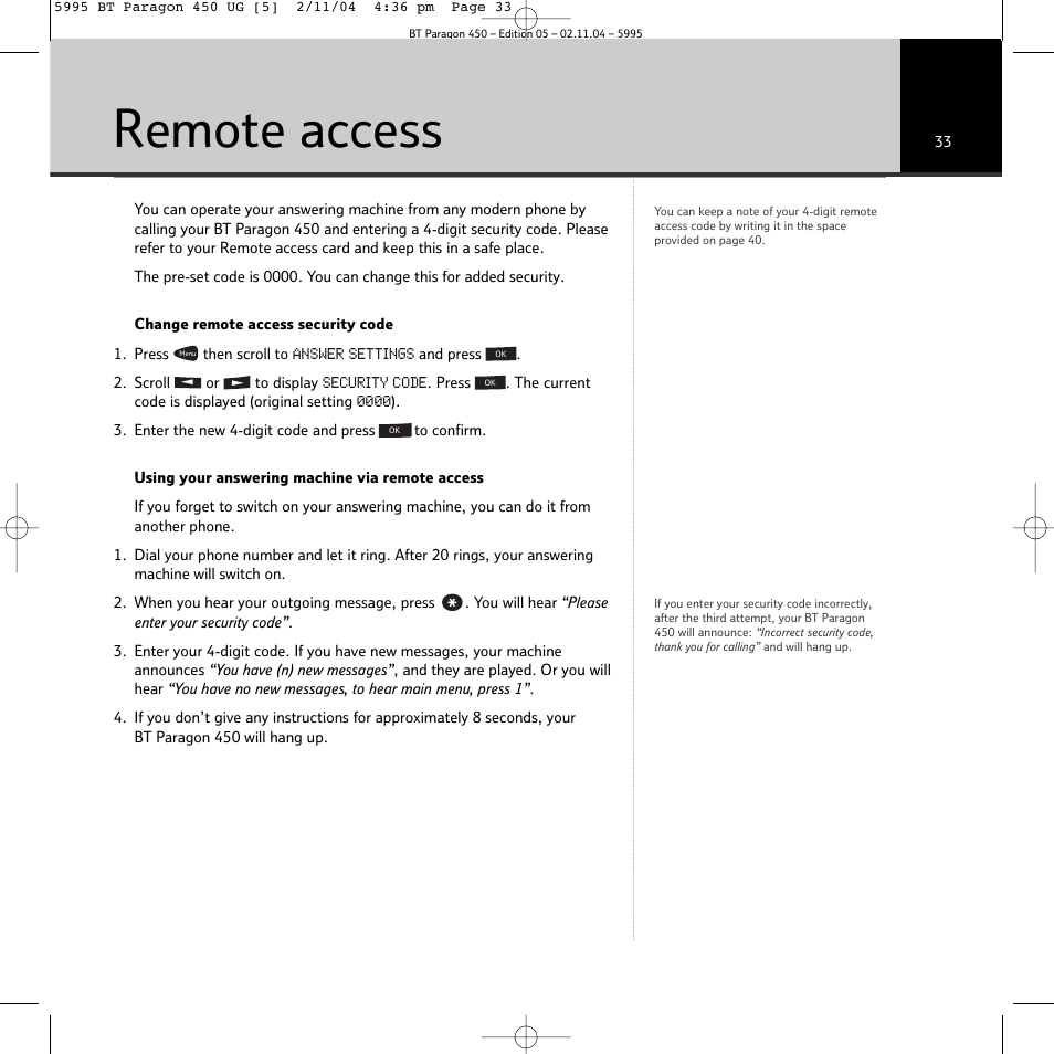 Remote access | BT PARAGON450 User Manual | Page 33 / 44