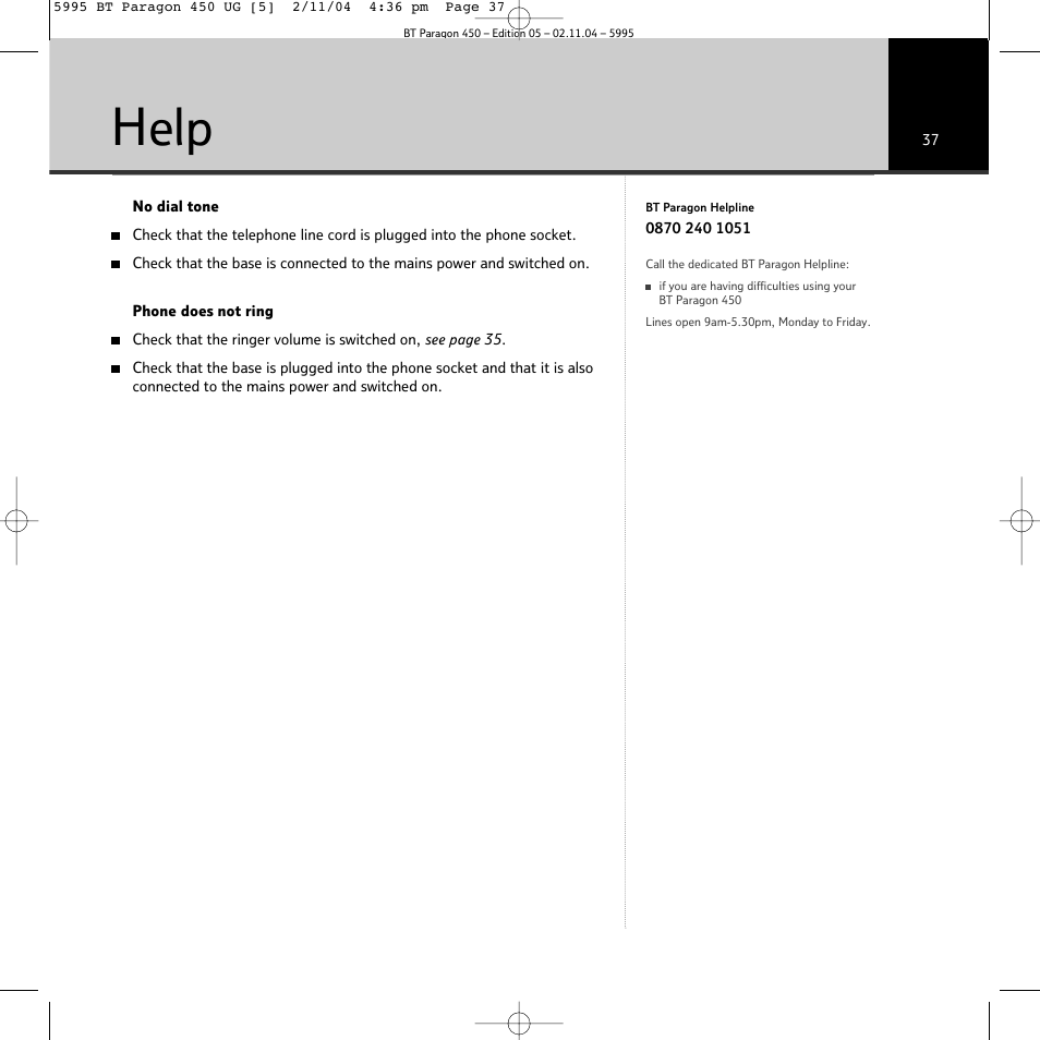 Help | BT PARAGON450 User Manual | Page 37 / 44