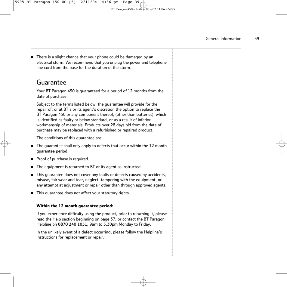 Guarantee | BT PARAGON450 User Manual | Page 39 / 44