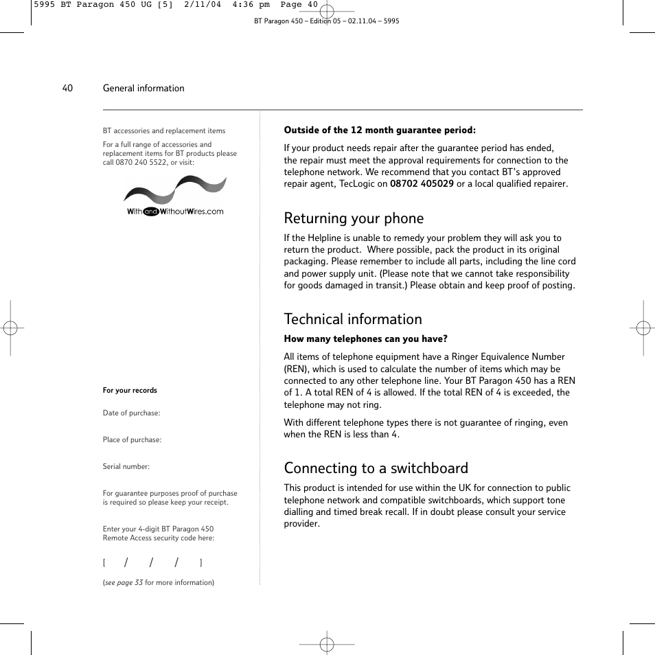 Returning your phone, Technical information, Connecting to a switchboard | BT PARAGON450 User Manual | Page 40 / 44