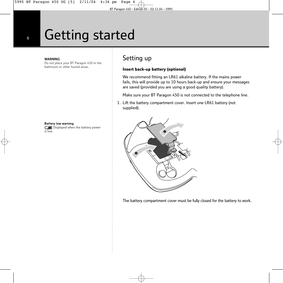 Getting started, Setting up | BT PARAGON450 User Manual | Page 6 / 44